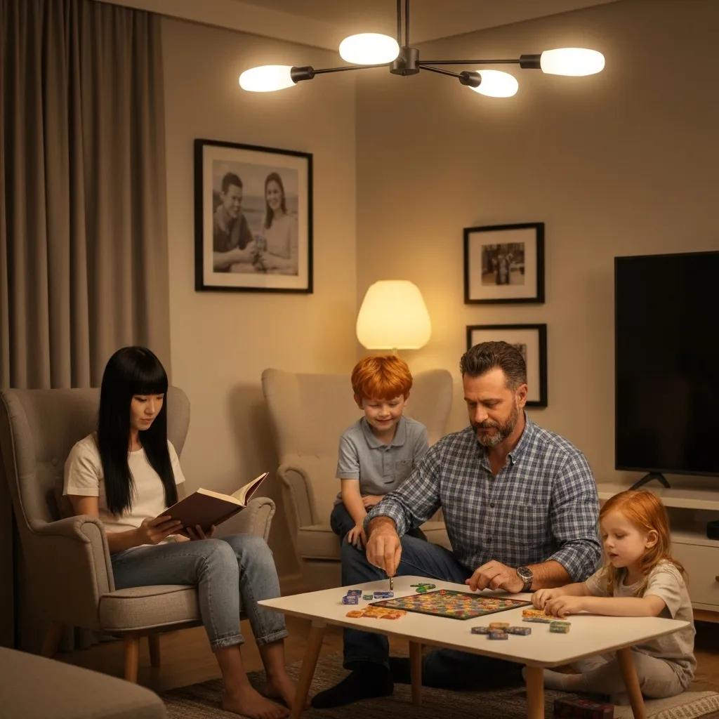 Family enjoying a well-lit living room, emphasizing the benefits of residential electrical services and modern lighting