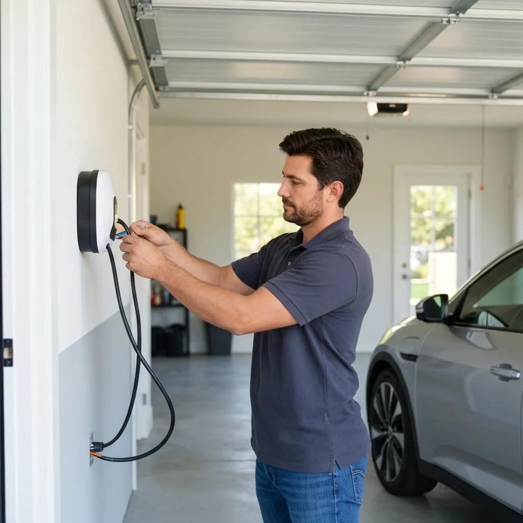 Electrician installing a home EV charging station, illustrating the process and importance of expert installation for electric vehicles
