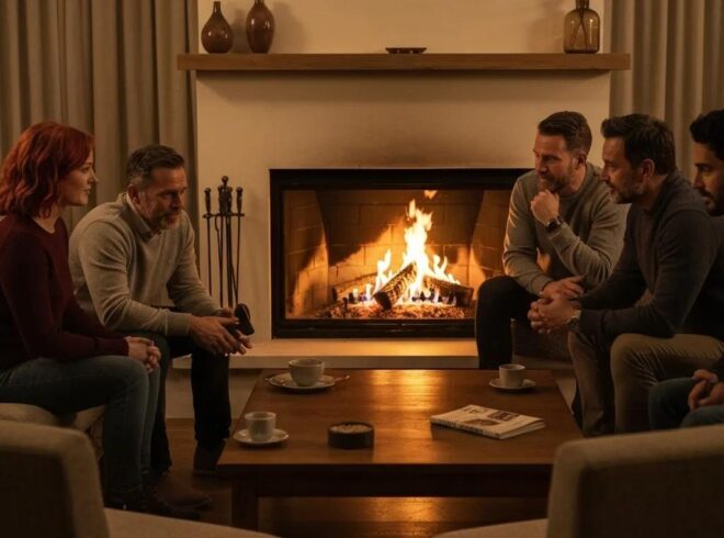 Group of four people engaged in conversation around a coffee table, with a cozy fireplace in the background, illustrating a warm gathering atmosphere.