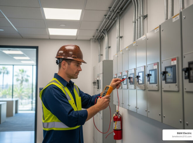 Electrician in a hard hat and safety vest using a multimeter on electrical panels in a commercial setting, showcasing B&M Electric's expertise in electrical services.