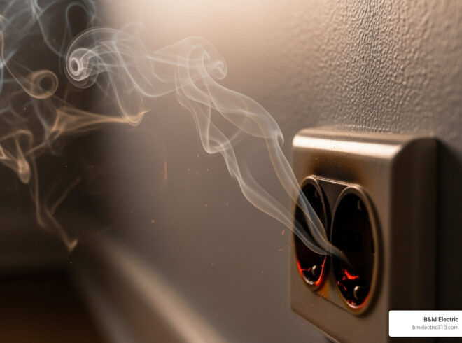 Electrical outlet emitting smoke, indicating potential burning smell, relevant to electrical safety concerns and troubleshooting tips.