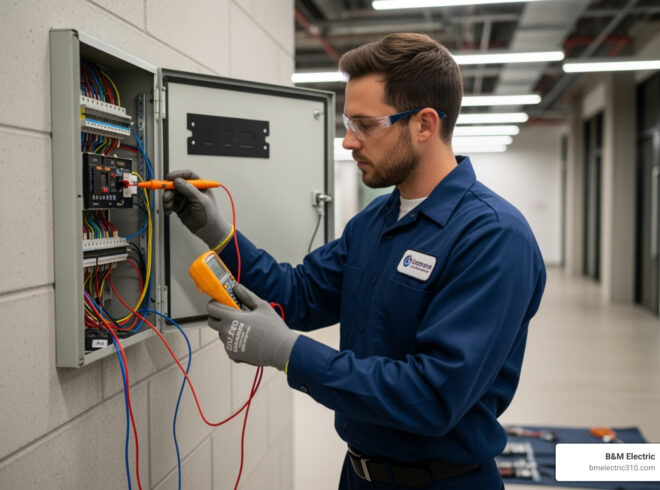 Electrician using a multimeter to troubleshoot electrical panel wiring in a modern setting, showcasing B&M Electric's expertise in electrical services.