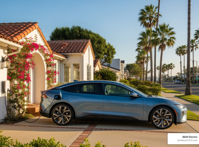 Electric vehicle charging at a residential home in Hermosa Beach, showcasing modern EV technology and landscaping with palm trees.