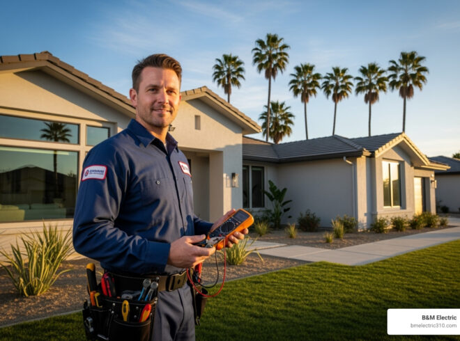 Electrician from B&M Electric holding a multimeter in front of a modern home with palm trees, representing expert electrical services in Rancho Palos Verdes.