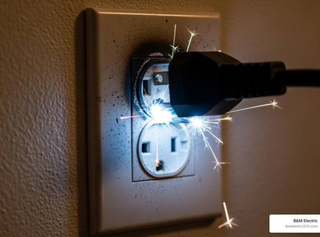 Sparking electrical outlet with a plug inserted, illustrating electrical hazards and the importance of professional electrician services in Rancho Palos Verdes.