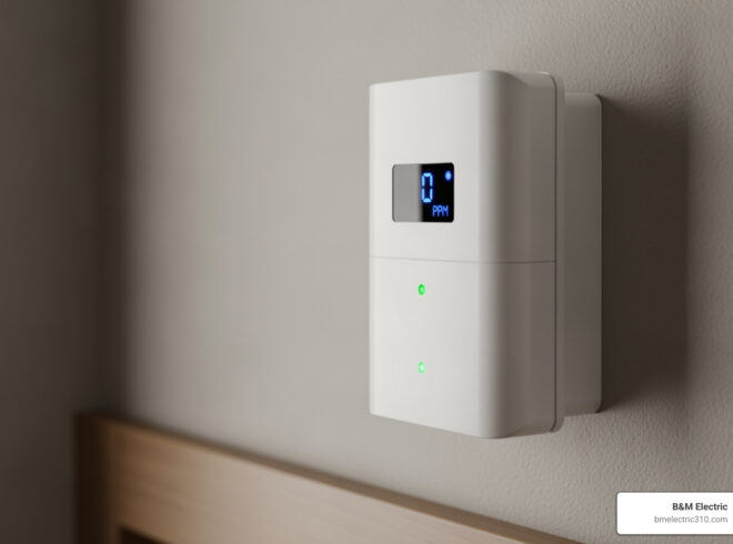 Carbon monoxide detector mounted on a wall, displaying digital readout of 0 PPM and green indicator lights, illustrating safety measures in electrical installations.