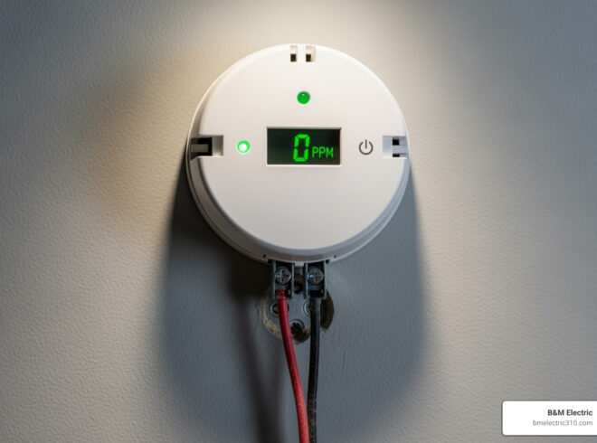 Carbon monoxide detector mounted on a wall displaying a reading of 0 PPM, with visible wiring connections, illustrating safety in electrical installations.