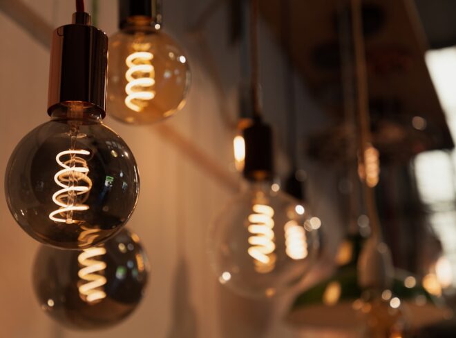 LED light bulbs illuminating a room, electrical upgrades and home lighting solutions.