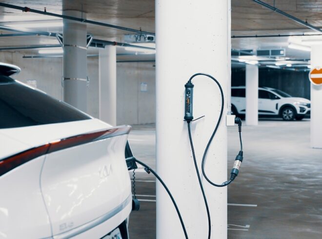 commercial EV charging station busy parking lot