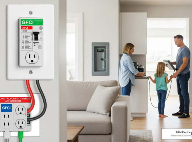 GFCI and AFCI outlets protecting a family in a home, B&M Electric electrical safety solutions.