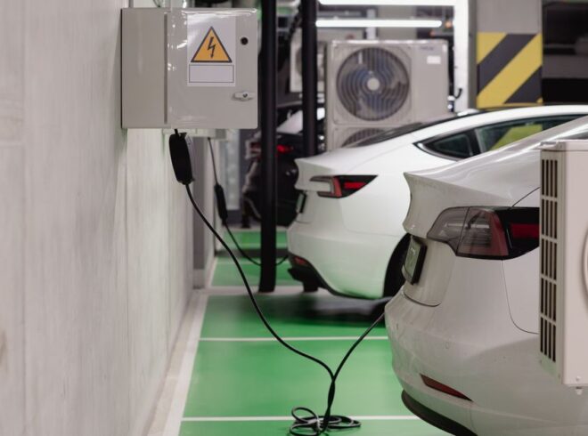 workplace EV charging benefits for employees at modern office parking lot